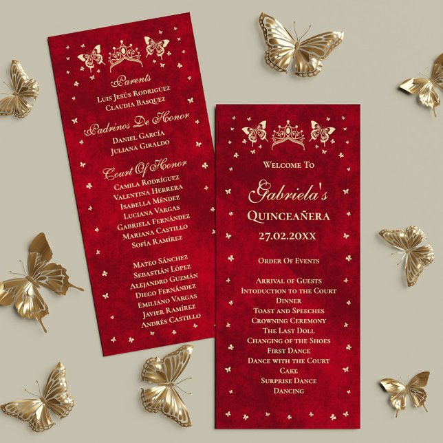 Red Quinceañera Gold Tiara Schmetterling 15 Jahre  Programm (Red Quinceañera Gold Tiara Butterfly 15 Years Old Program)
