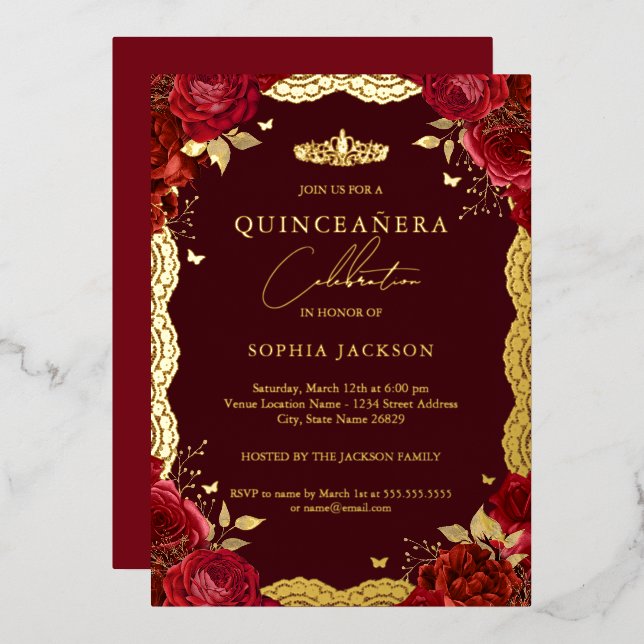 Red Quinceanera Rose Gold Lace Birthday Folieneinladung (Vorderseite/Rückseite)