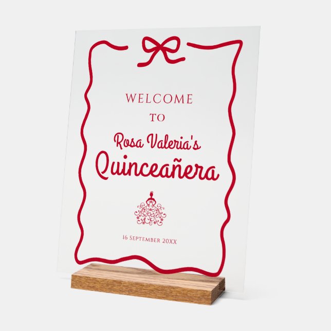 Red Quinceañera Willkommenstabelle Acrylschild (Winkel)