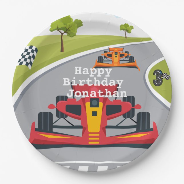 Red Race Car 3. Geburtstag Party Pappteller (Vorderseite)