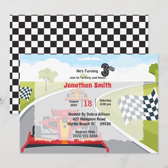 Red Race Car 3ème anniversaire de fête Invitation (Devant / Derrière)