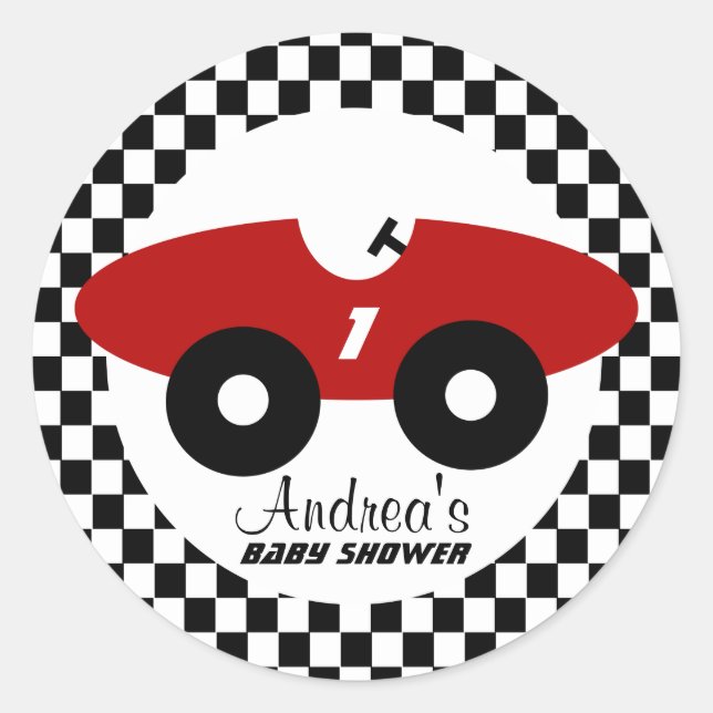 Red Race Car Baby Dusche Runder Aufkleber (Vorderseite)