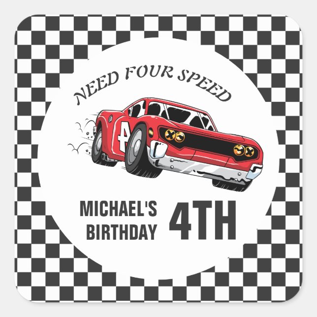 Red Race Car Birthday Party Invitation Quadratischer Aufkleber (Vorderseite)