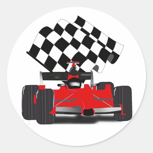 Red Race Car mit Checkbox Runder Aufkleber (Vorderseite)