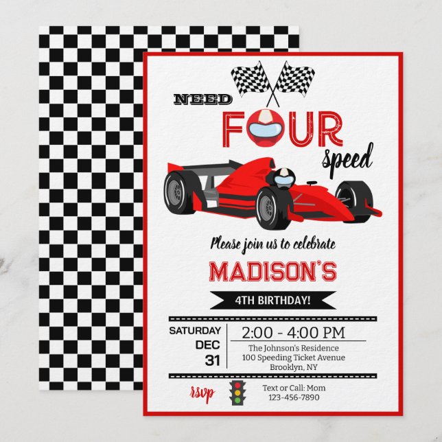 Red Race Car Need Four Speed Birthday Party Einladung (Vorne/Hinten)