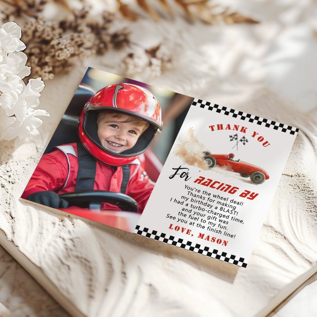 Red Race Car Photo Carte de remerciements Annivers (Créateur téléchargé)