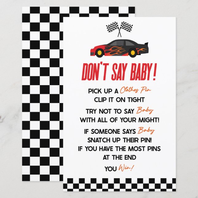 Red Race Car Say Baby Shower Game nicht (Vorne/Hinten)
