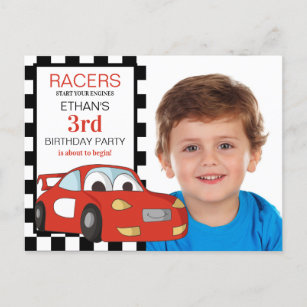 Red Race Car Schwarz-weiß Checkered 3. Geburtstag Postkarte