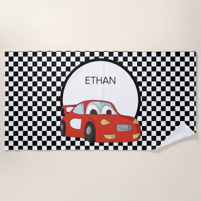 Red Race Car Schwarz-weiß Checkered Child's Strandtuch (Vorderseite)