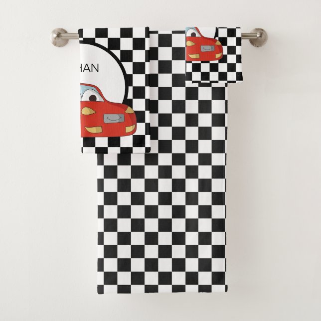 Red Race Car Schwarz-weiß Checkered Flag Child's Badhandtuch Set (Insitu)