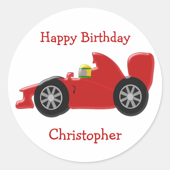 Red Racing Car Birthday Runder Aufkleber (Vorderseite)
