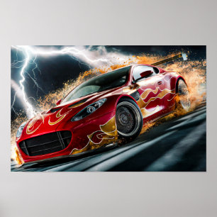 Red Racing Car mit flammendem Muster Drifting Hard Poster