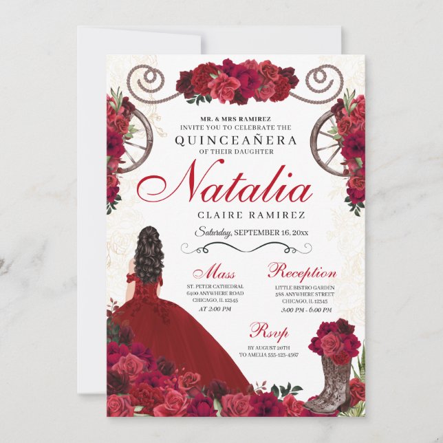 Red Ranchero Princess Quinceanera Einladung (Vorderseite)