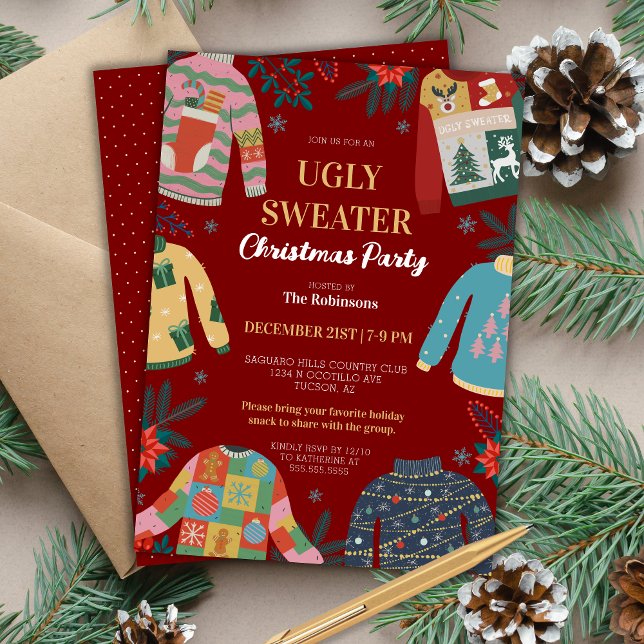 Red Really Ugi Weihnachten Sweater Holiday Party Einladung (red really ugly christmas sweater party invitation for funny holiday party with humor and retro)