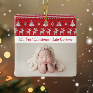 Red Reindeer Classic Baby's 1. Weihnachtsfest Foto Keramikornament