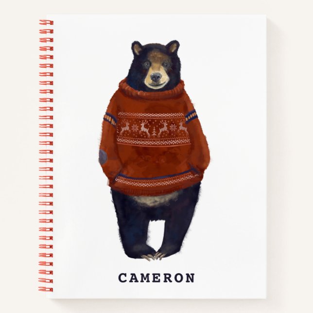 Red Reindeer Sweater Bear | Name hinzufügen Notizbuch (Vorderseite)