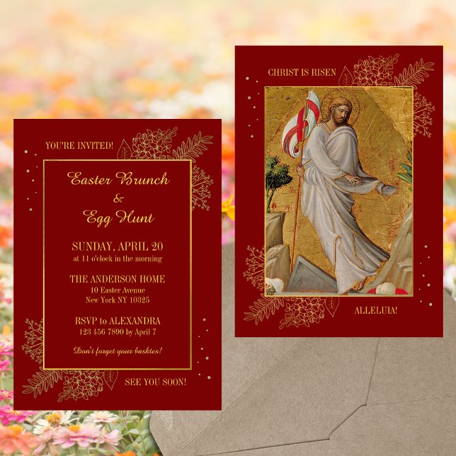 Red Religious Er ist zu Ostern Brunch Egg Hunt Einladung (Religious Christian Catholic He is risen Jesus Christ Resurrection Easter Brunch Egg Hunt Invitation)