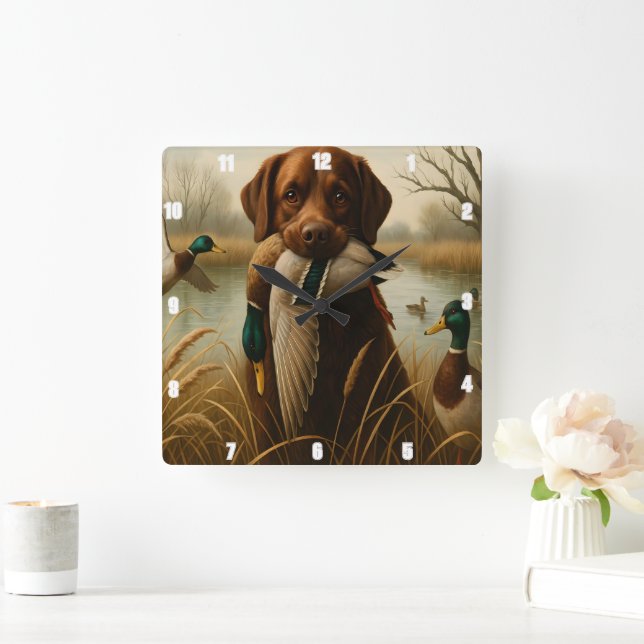 Red Retriever Duck Pond Jagd Quadratische Wanduhr (Zuhause)