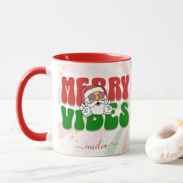 Red Retro 70er Themed Merry Vibes Individuelle Nam Tasse (Mit Donut)