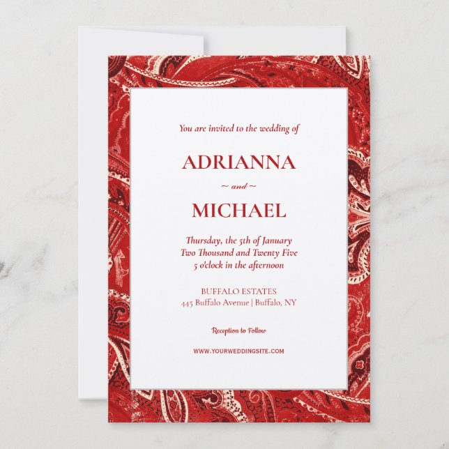 Red Retro Bandanna Paisley Einladung Hochzeit (Vorderseite)