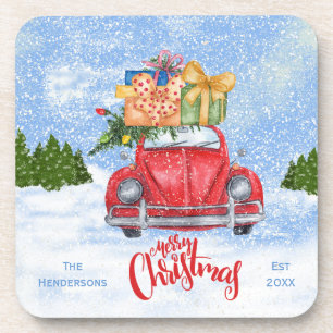 Red Retro Car mit Set zum Weihnachtsbaum Untersetz Getränkeuntersetzer