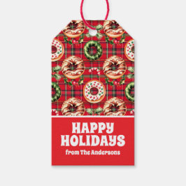 Red Retro Christmas Donuts Red Tartan Kariert Geschenkanhänger