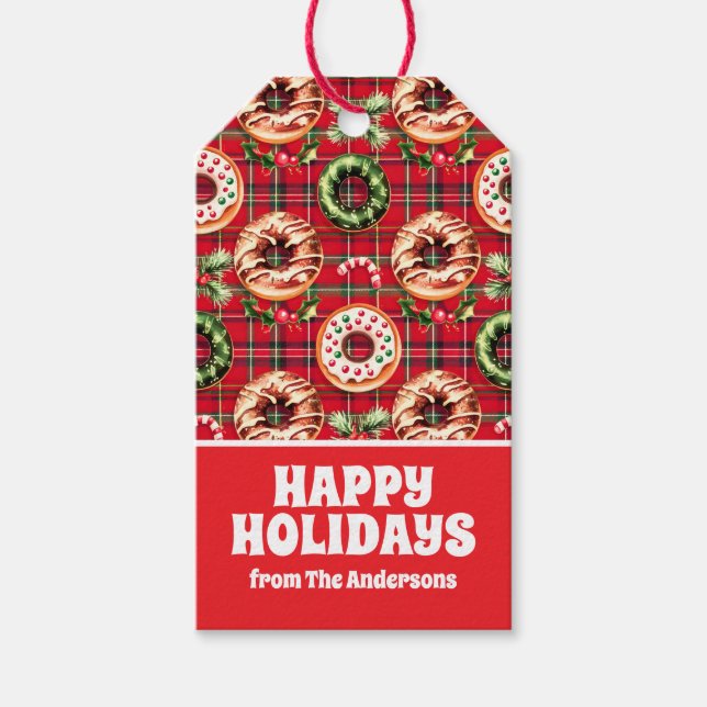 Red Retro Christmas Donuts Red Tartan Kariert Geschenkanhänger (Vorderseite)