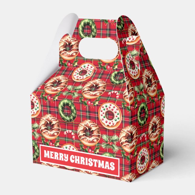 Red Retro Christmas Donuts Red Tartan Kariert Geschenkschachtel (Vorderseite)