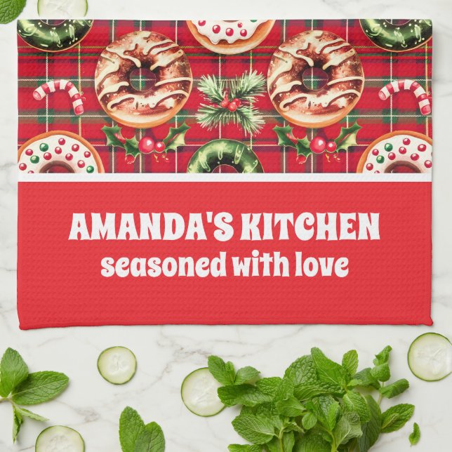 Red Retro Christmas Donuts Red Tartan Kariert Geschirrtuch (Gefaltet)