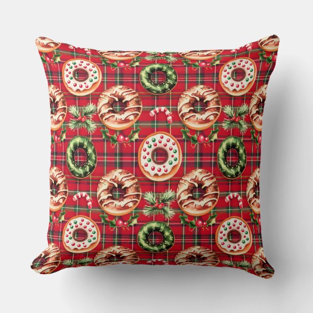 Red Retro Christmas Donuts Red Tartan Kariert Kissen (Vorderseite)