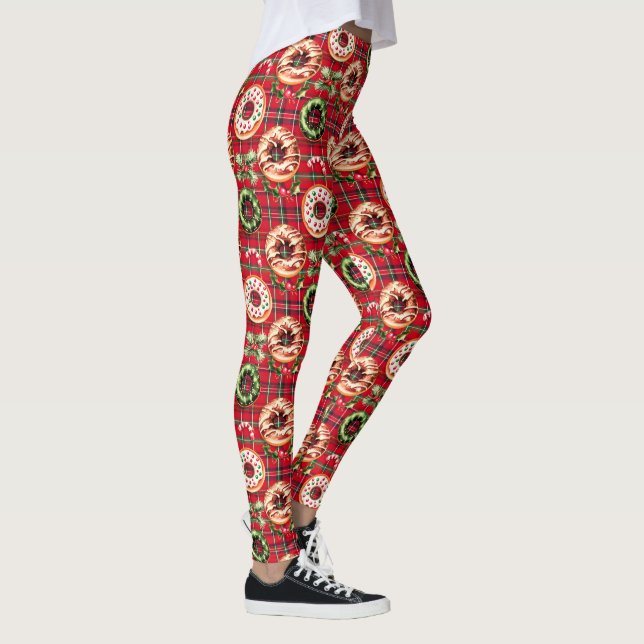 Red Retro Christmas Donuts Red Tartan Kariert Leggings (Rechts)