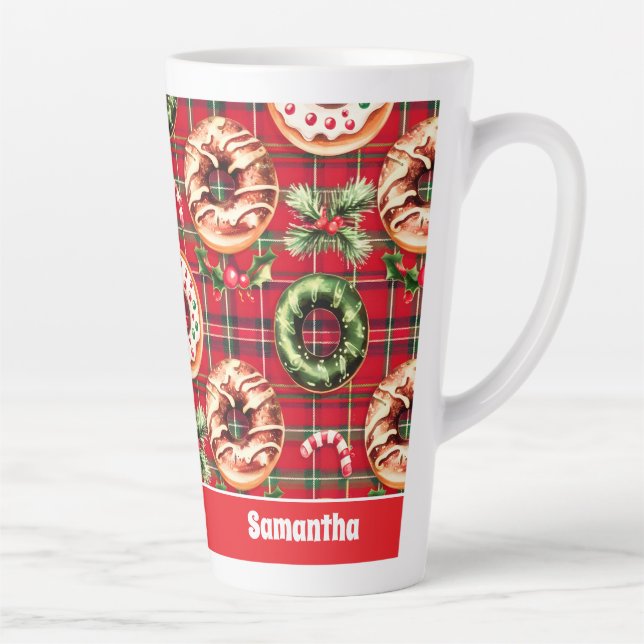 Red Retro Christmas Donuts Red Tartan Kariert Milchtasse (Rechts)