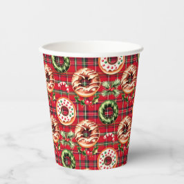 Red Retro Christmas Donuts Red Tartan Kariert Pappbecher