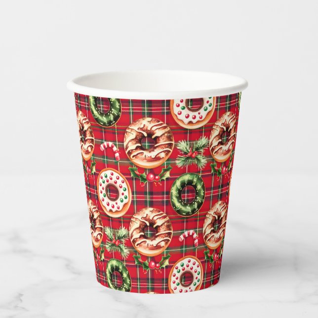 Red Retro Christmas Donuts Red Tartan Kariert Pappbecher (Vorderseite)