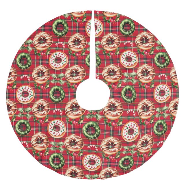 Red Retro Christmas Donuts Red Tartan Kariert Polyester Weihnachtsbaumdecke (Vorderseite)