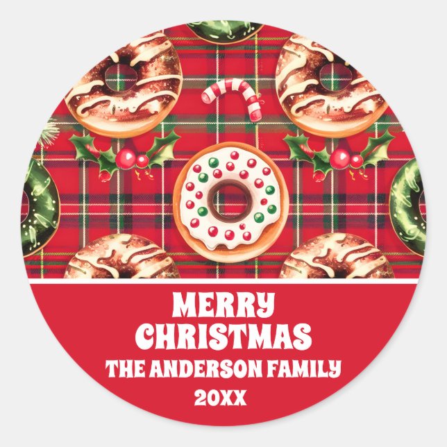 Red Retro Christmas Donuts Red Tartan Kariert Runder Aufkleber (Vorderseite)