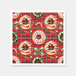 Red Retro Christmas Donuts Red Tartan Kariert Serviette