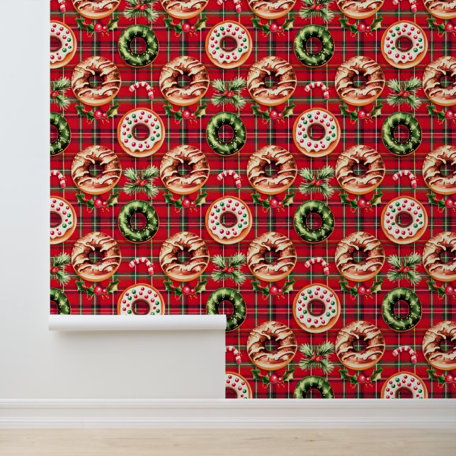 Red Retro Christmas Donuts Red Tartan Kariert Tapete (Anwendung)