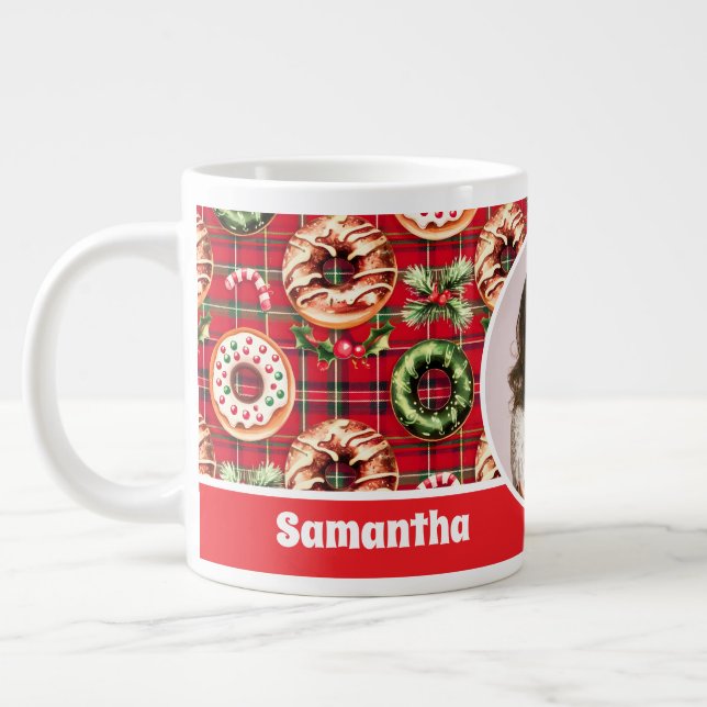 Red Retro Christmas Donuts Red Tartan Kariertes Fo Jumbo-Tasse (Links)