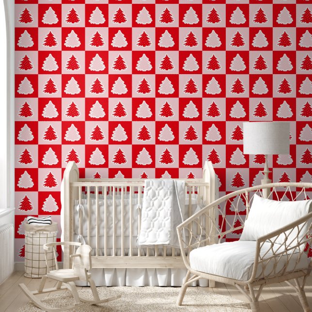 Red Retro Christmas Tree Red Tartan Kariert Tapete (Kinder)