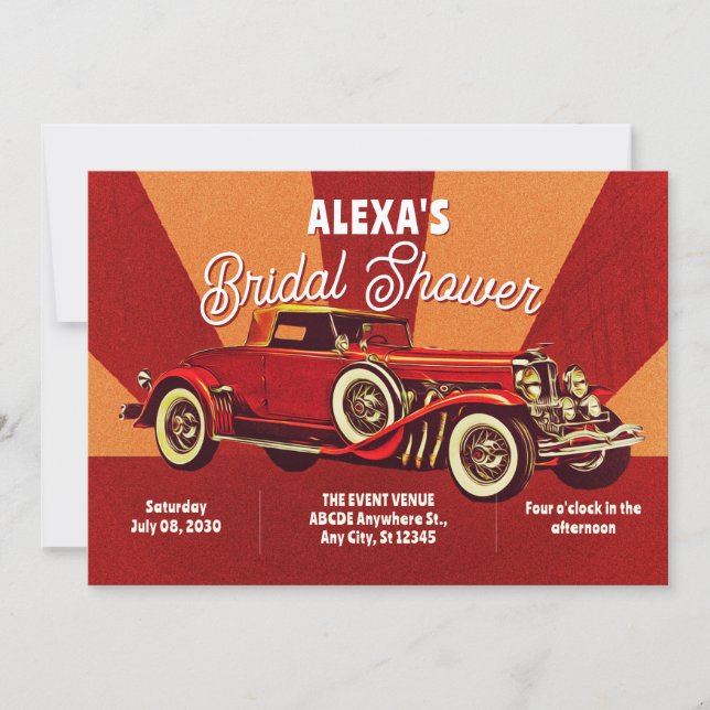 Red retro classic car bridal shower einladung (Vorderseite)