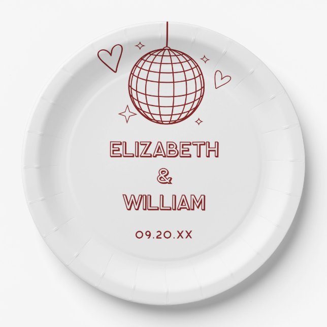 Red Retro Disco Groovy 70er Wedding Pappteller (Vorderseite)