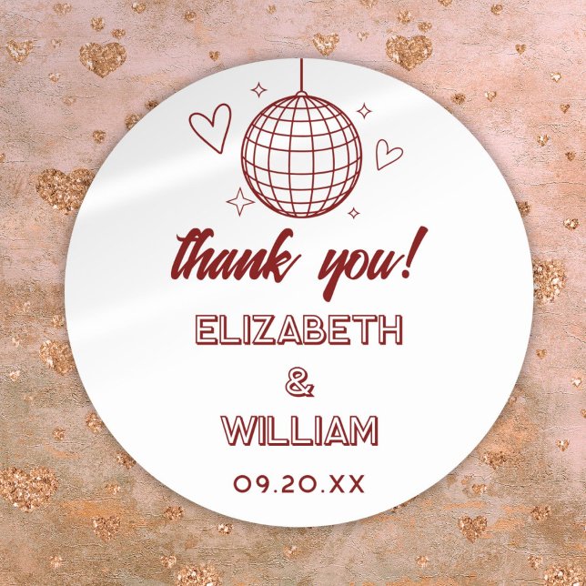 Red Retro Disco Groovy 70er Wedding Vielen Dank Runder Aufkleber (Red Retro Disco Groovy 70s Wedding Thank You Classic Round Sticker)