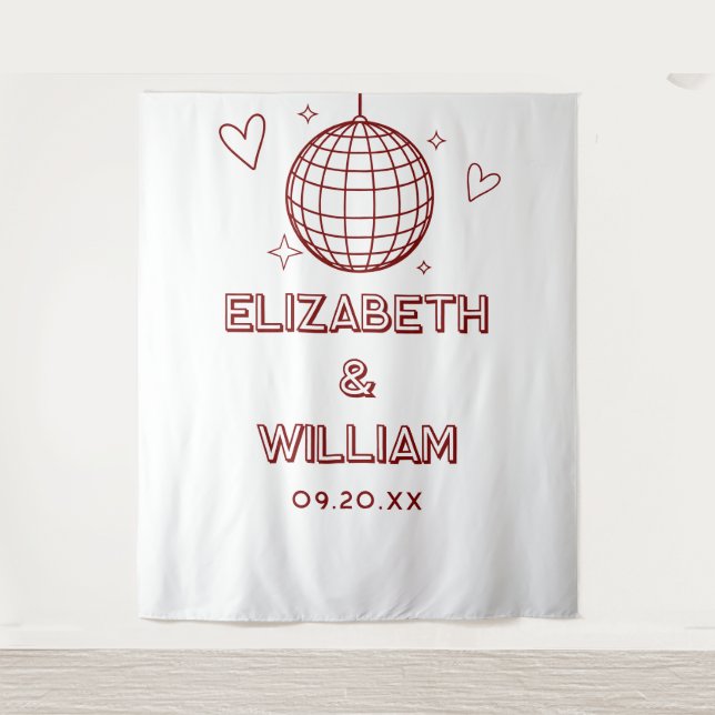 Red Retro Groovy Disco Ball Wedding Foto Hintergru Wandteppich (Vorderseite)