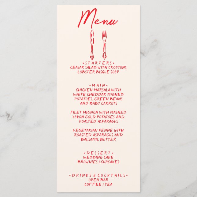 Red Retro Hand Written Drawn Quirky Unique Wedding Menükarte (Vorderseite)