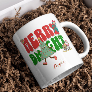 Red Retro Merry Bright Name Weihnachtsbaum Tasse