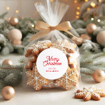 RED RETRO MERRY CHRISTMAS TYPOGRAPHIE AUF WEISS RUNDER AUFKLEBER<br><div class="desc">Frohe Weihnachten anpassbare rote Retro-Typografie auf einem benutzerdefinierten weißen Hintergrund.</div>