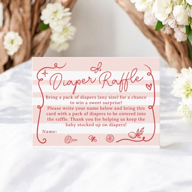 Red Retro Niedlich Diaper Raffle Lemons Kinderdusc Begleitkarte (Red Retro Cute Diaper Raffle Lemons Baby Shower Enclosure Card)