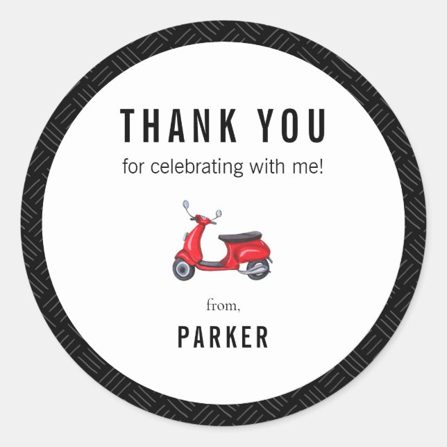 Red Retro Scooter Thema Vielen Dank Runder Aufkleber (Vorderseite)