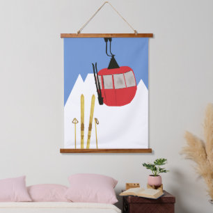 Red Retro Ski Lift Mountain Wandteppich Mit Holzrahmen
